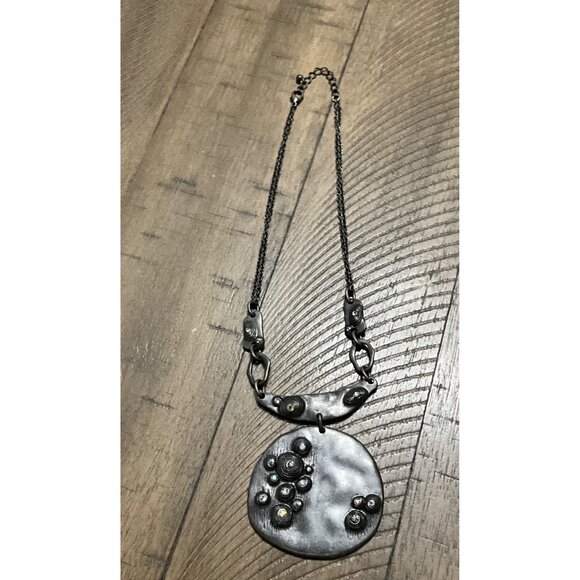 Brutalist Modernist Pewter Necklace Large Pendant 17” - Picture 2 of 3